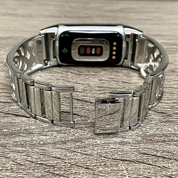 Silver Metal Band Fitbit Charge 5 Bracelet Slim Cross Charm Jewelry Wristband - Picture 3 of 8